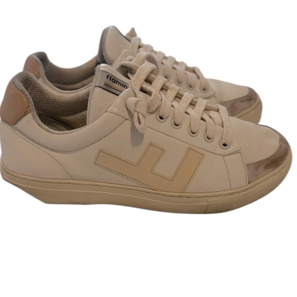 𝅺F- Flamingos Lite Coke White Vegan Distressed Initial Sneakers